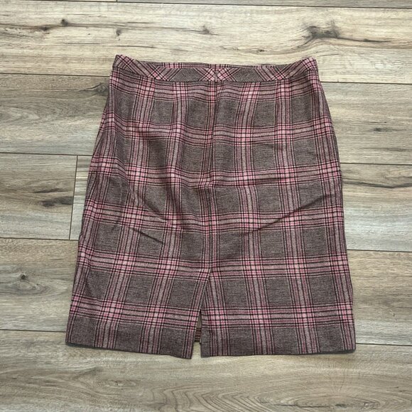 Talbots Pencil Skirt SZ 12 Wool Blend Tartan Plaid Brown Pink Lined Back Zip - Picture 7 of 7